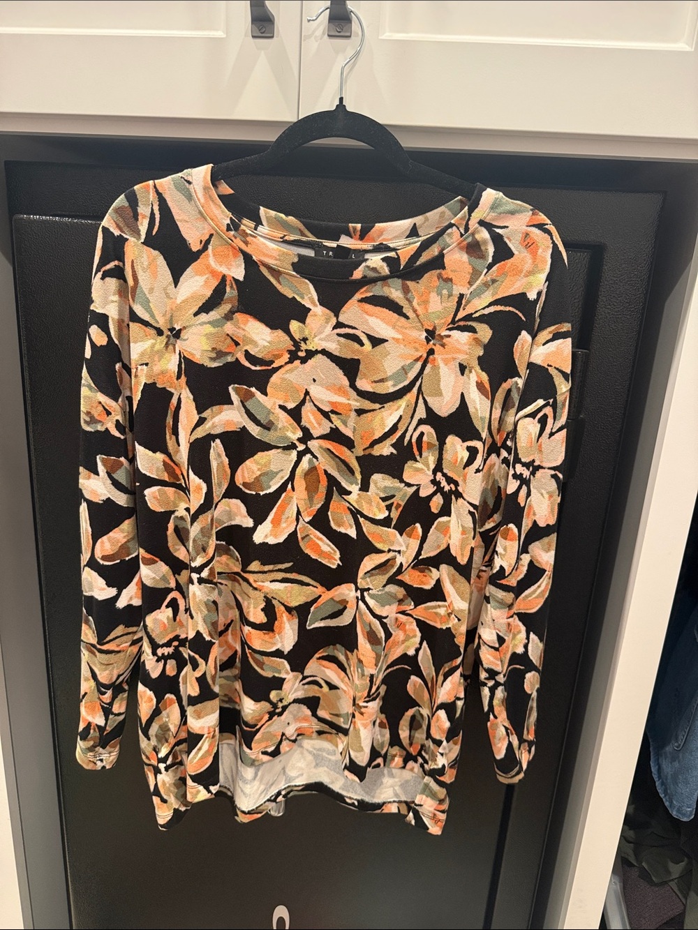 Tribal Black Floral Long-Sleeve Top with Peach and Cream Accents